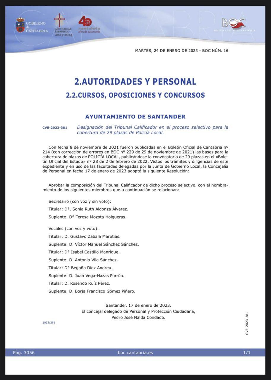 Ayto. Santander- Designación del Tribunal Calificador en el proceso selectivo para la cobertura de 29 plazas de Policía Local