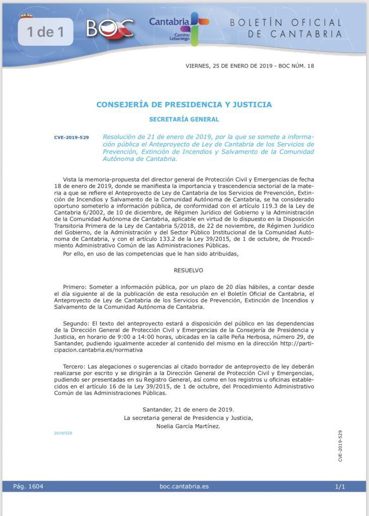 Información pública del Anteproyecto de Ley de Cantabria de los Servicios de Prevención, Extinción de Incendios y Salvamento de la Comunidad Autónoma de Cantabria. Anteproyecto 732x1024