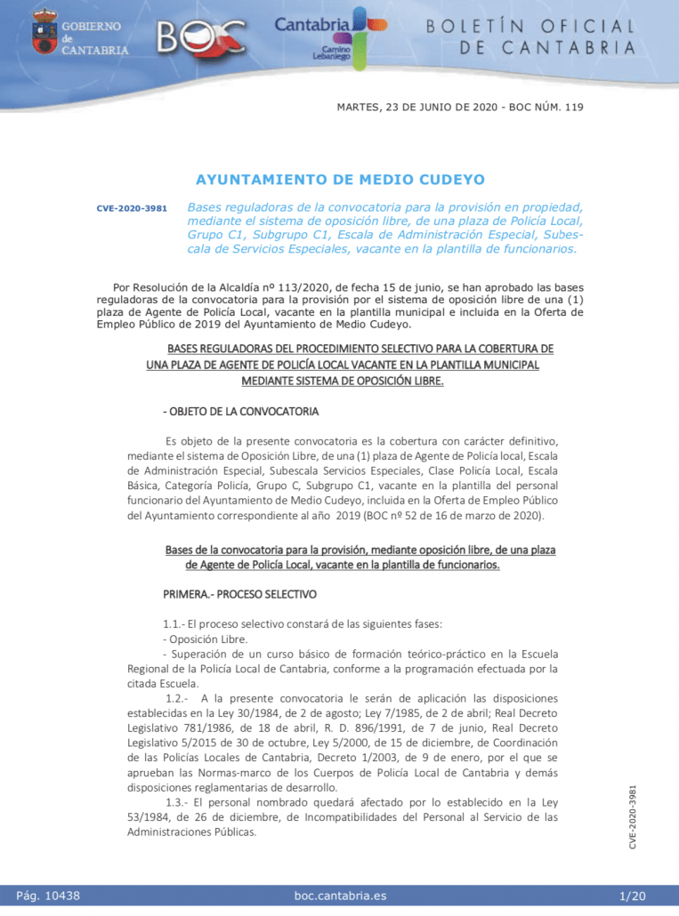 Bases reguladoras de la convocatoria para la provisión en propiedad, mediante el sistema de oposición libre, de una plaza de Policía Local Captura De Pantalla 2020 06 25 A Las 0.03.38 763x1030