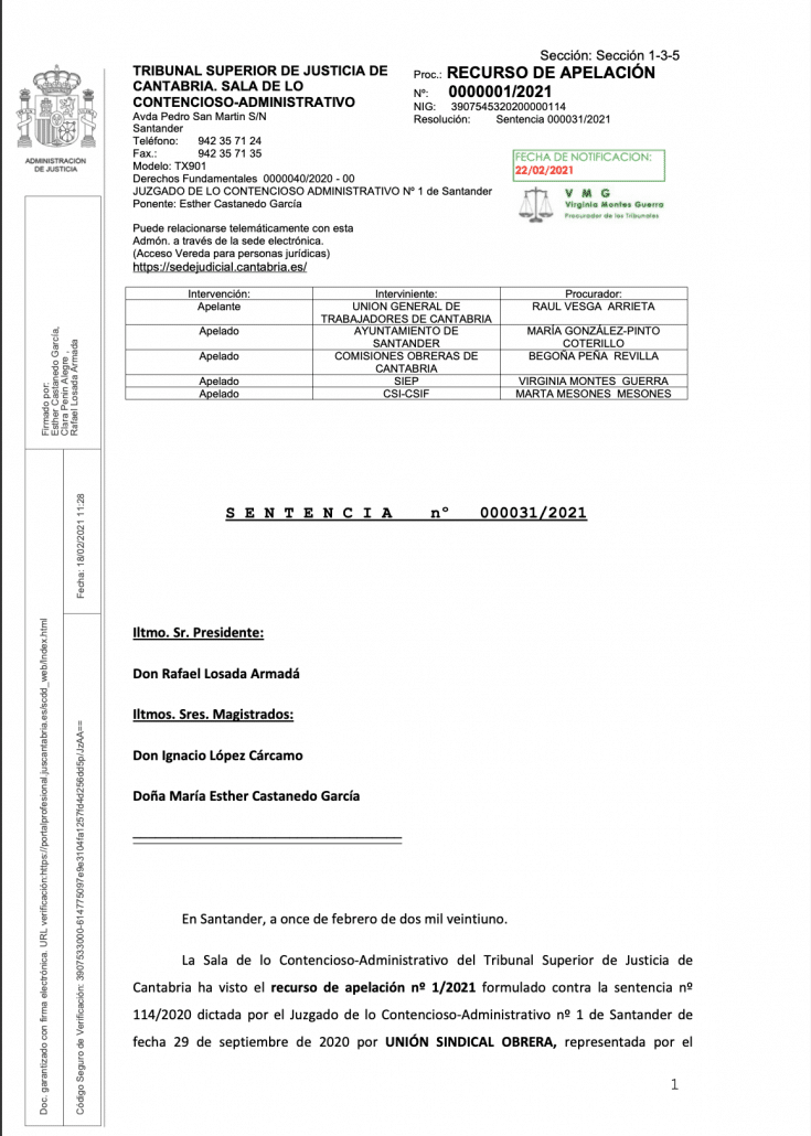 USO-APLB ha ganado la sentencia sobre representación sindical al Ayuntamiento de Santander Captura De Pantalla 2021 02 22 A Las 11.33.22 735x1030