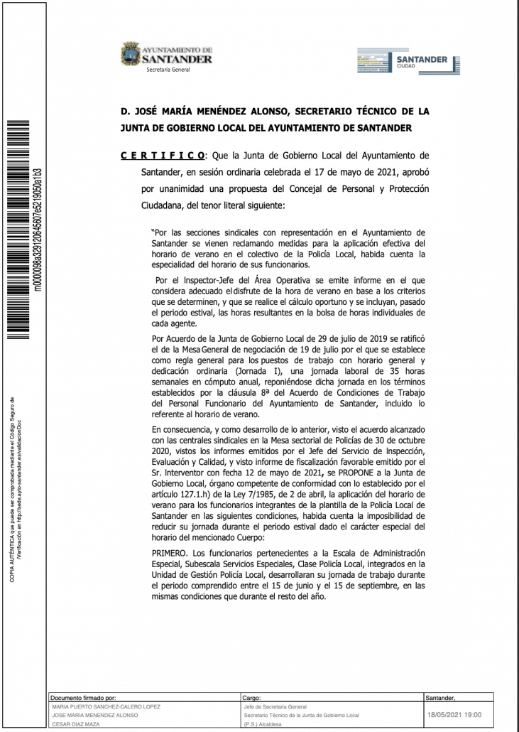 Certificado inspección, evaluación y calidad del horario de verano de la Policía Local de Santander Certificado Inspeccion Evaluacion Y Calidad Del Horario De Verano De La Policia Local 731x1030